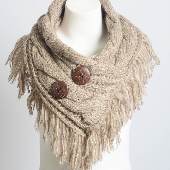 Accessories - Fringe knit Wrap Infinity Scarf Button Mocha